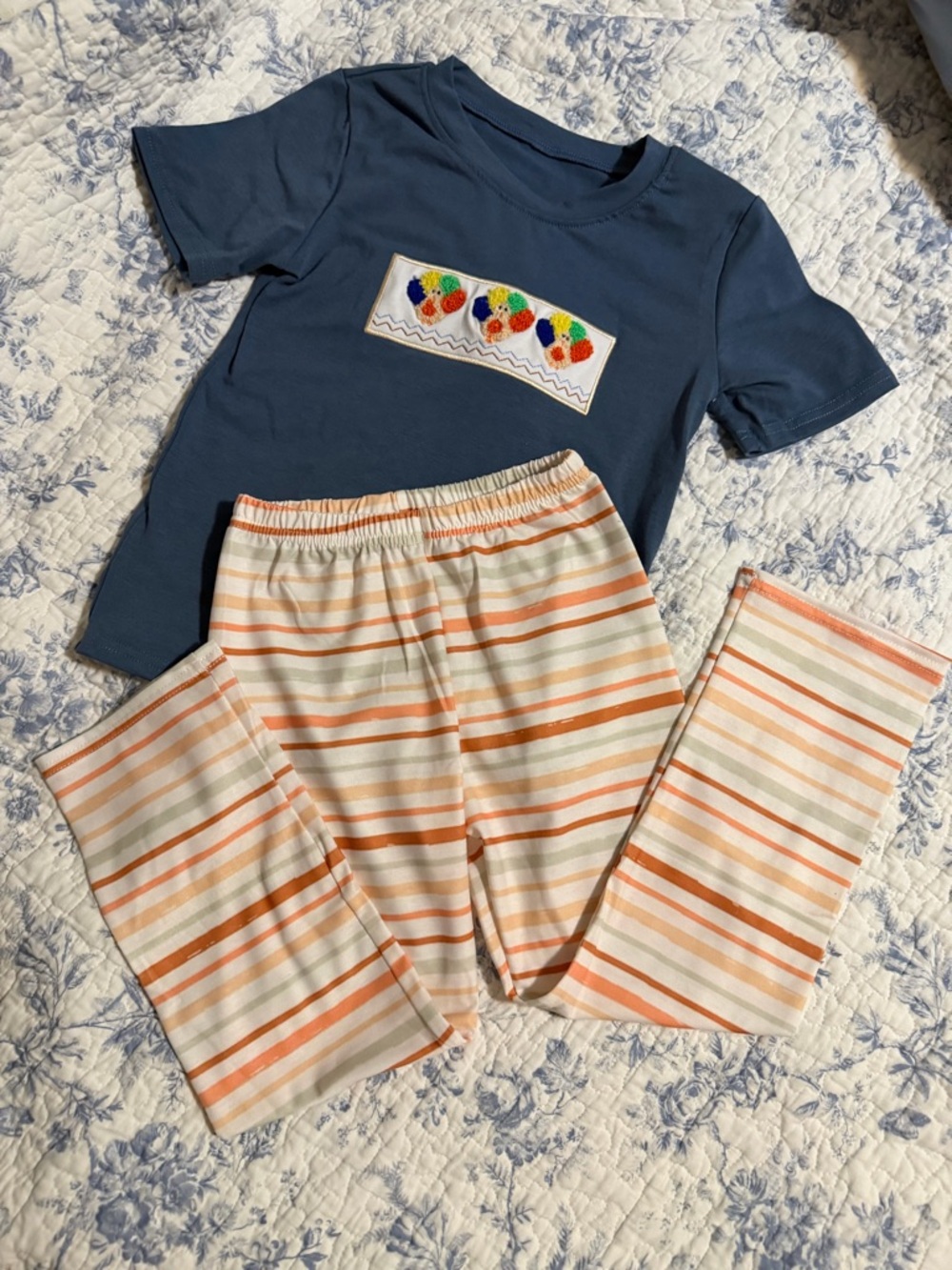 Kids Navy Blue Short-Sleeve Pajama Set with Orange Stripe Pants